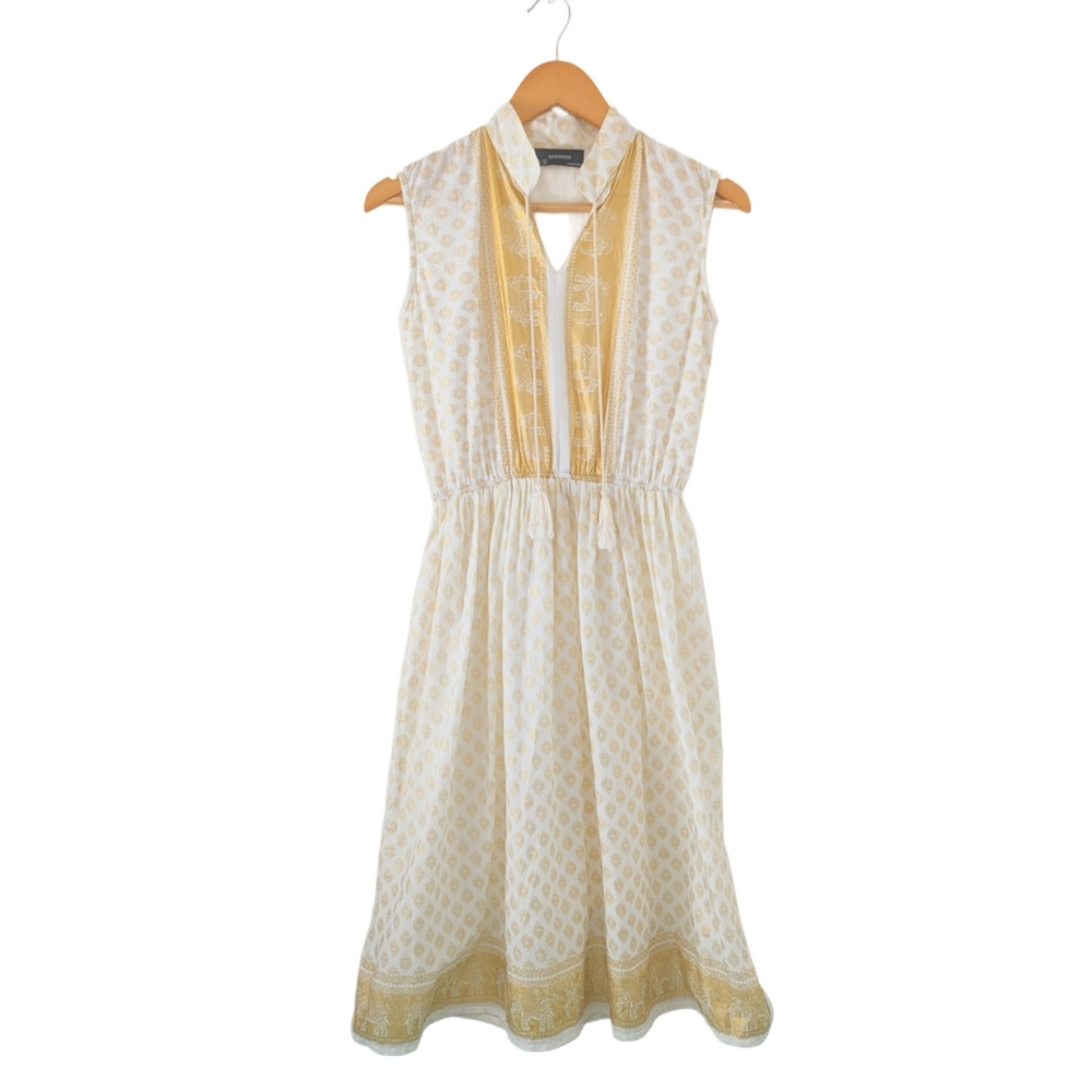 Backwoods White & Gold Elephant Motif 100% Cotton Sleeveless Dress